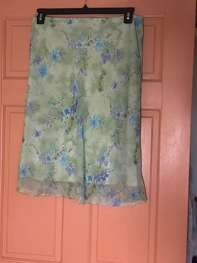 Vintage Light Green Floral A-Line Skirt with Blue Flowers